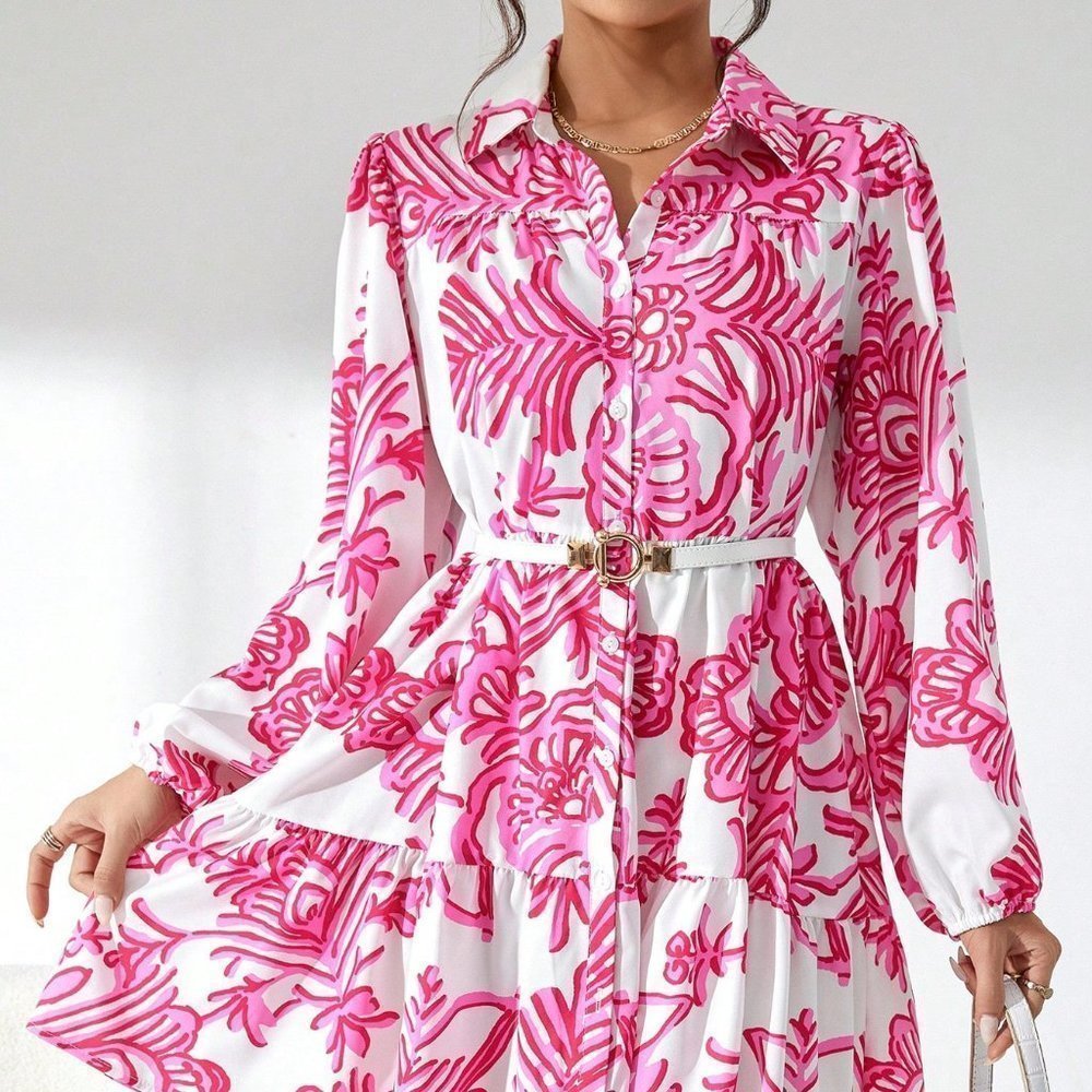 Pink Boho Womens Floral Print Ruffle Hem Smock Dress Without Belt - Picture 5 of 5